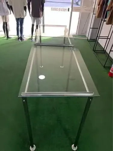 Mesa expositora para loja ou escritório em vidro temperado e inox