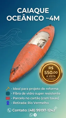 Caiaque Oceânico em Fibra de Vidro (~4m) - Para Reforma / Excelente Estrutura