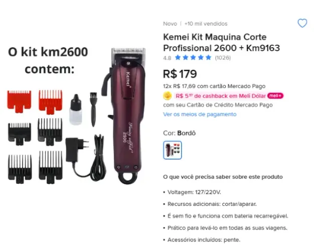 Máquina de cortar cabelo kemel 2600