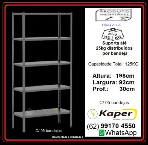 Estante de aço 30cm 198cm x 92cm x 30cm 5b cinza ( produto novo )