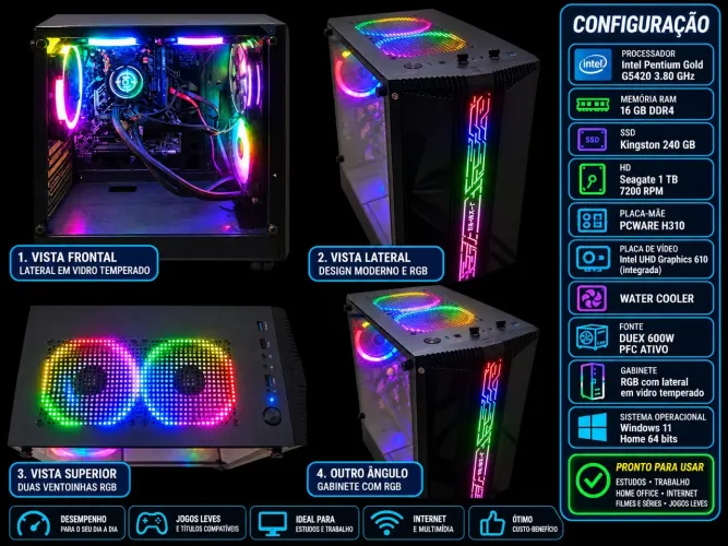 ? PC 16GB DDR4 + SSD 240GB + HD 1TB + RGB + Water Cooler - R$ 1.199