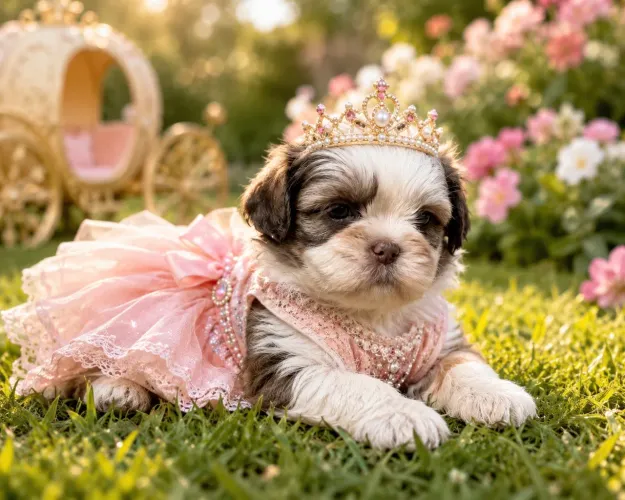 Shih tzu fêmea branca e chocolate nariz marrom 62 dias