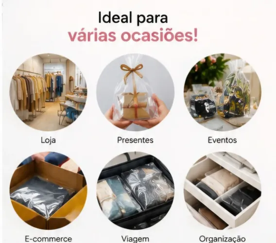 Saco transparente para embalar roupas e produtos e fazer kits