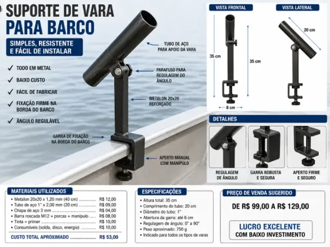 Suporte de Vara para Barco em Metal com Regulagem de Ângulo