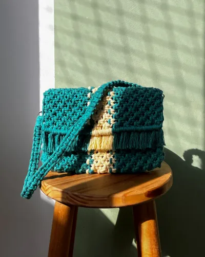 Bolsa de Ombro em Macramê Artesanal Verde e Amarela | Coleção Copa do Mundo