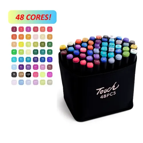 LOTE 50 Kits Caneta Marcador 48 Cores Touch Ponta Dupla Colorida Estojo