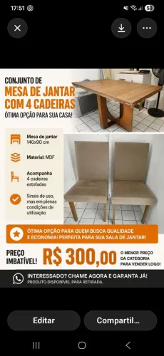 IMPERDíVEL!!! Conjunto mesa de Jantar com 4 cadeiras estofadas.