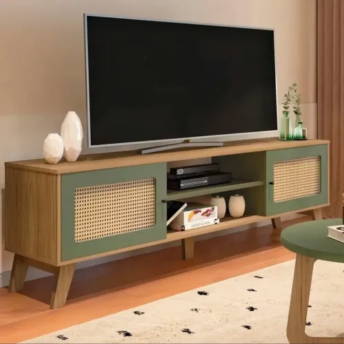 NOVO - Rack para TV até 75" com 2 portas de abrir CHARLOTTE cor Carvalho c/Menta - Artely