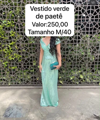 Vestido longo de festa paetê verde