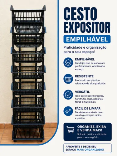 Cesto Expositor de Plástico Empilhável