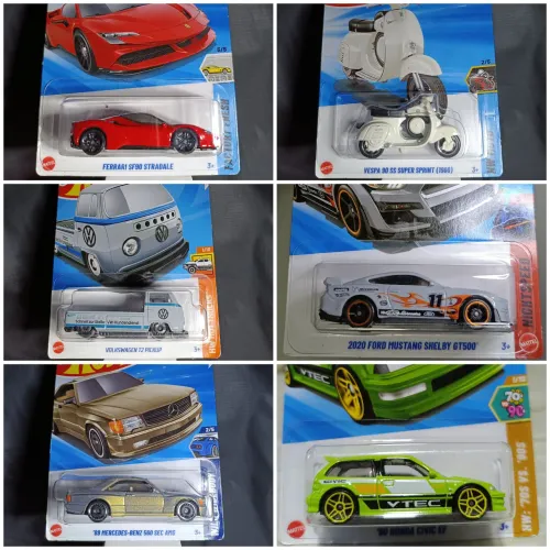 Hotwheels blister (Ferrari, Kombi, vespa, GT500, civic, Mercedes)