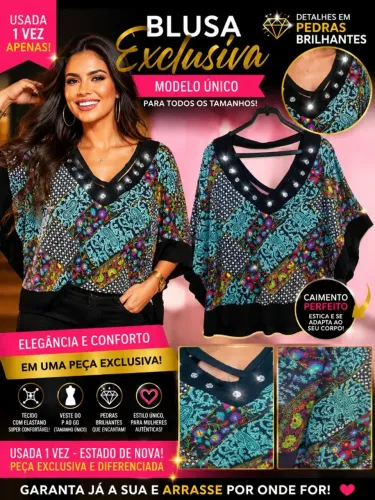 Blusa Colorida Pedras Estilo Morcego Tamanho Único Linda em Ótimo estado