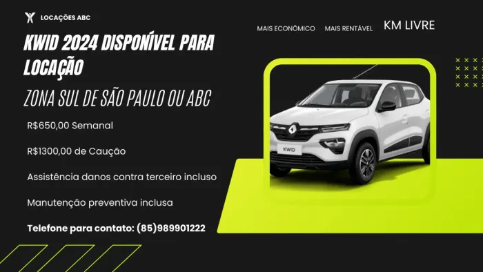 Locação de veículo Kwid 2024 para motorista de aplicativo do ABC paulista