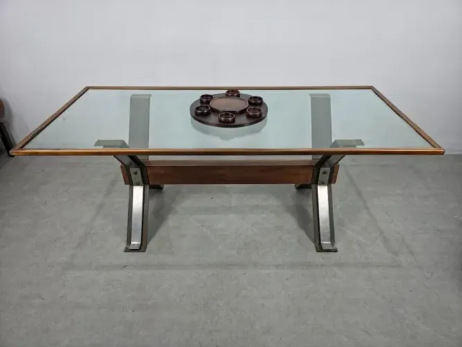 Mesa de Jantar Década de 70, em Aço Cromado, Bronze, Madeira Jatobá e Tampo de vidro