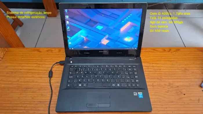 Notebook lenovo, core i3, sem bateria, 4gb ram e hd500gb ac cartão