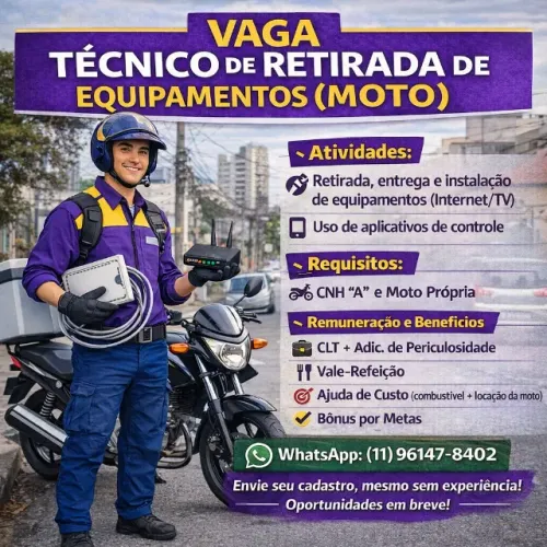 Técnico de moto para retirada de equipamento - Jarinu