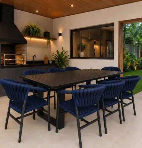 Mesa área gourmet com cadeiras em tricô náutico 