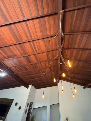 Lustre artesanal galho com lâmpadas de filamento 