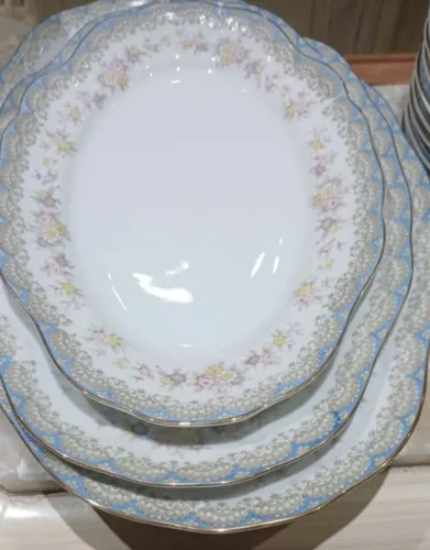 Jogo Jantar Schmidt 12/90 Modelo 7 NOVO - Porcelana Floral Borda Azul Filete Dourado