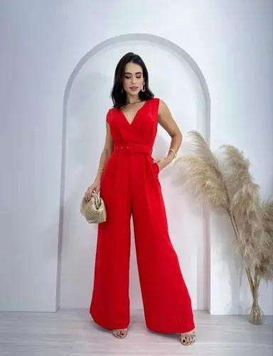 Macacão pantalona vermelho longo com cinto tamanho M feminino