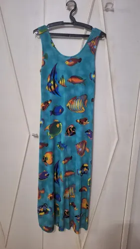 Vestido saída de praia midi azul estampado. Tam. M