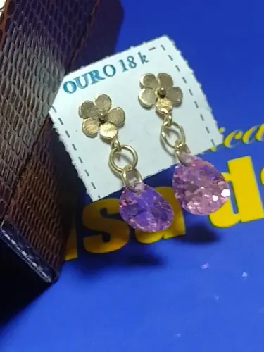 Par Brincos Trevo Ouro 18 Kilates 2.80 Gramas Zircônias 10 mm Todo 23 mm