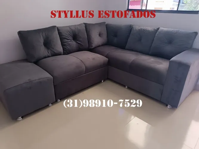 Sofá de Canto Suede Cinza - Novo