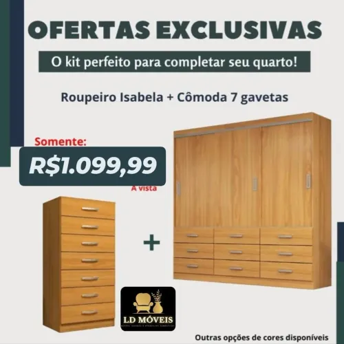 Kit Guarda Roupa Isabela 3 Portas + Cômoda 7 Gavetas Cinamomo
