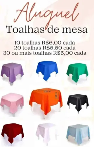 aluguel de toalhas de mesas para festa 10 toalhas por 6 cada a vista