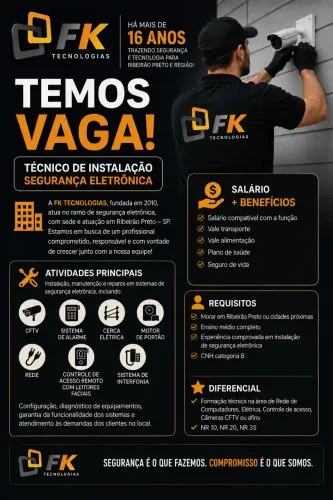 Vaga de emprego técnico de instalação CFTV, alarme, controle de acesso