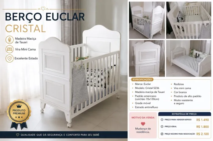 Berço Euclar Cristal 5236 | Madeira Maciça | Vira Mini Cama+ BRINDES