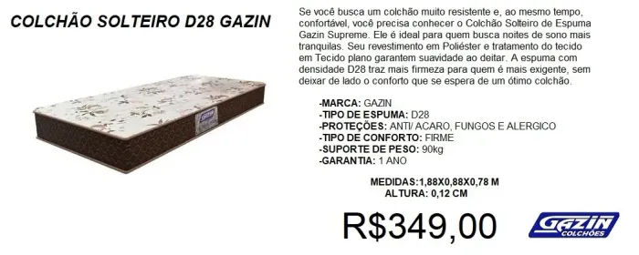 Colchão solteiro d28 gazin - compre hoje e receba em até 72h
