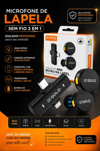 MICROFONE DE LAPELA SEM FIO ?GOLD PRO - 2 EM 1