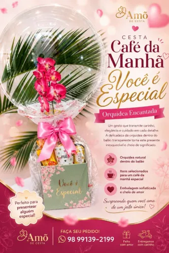 Cesta Café da Manhã Box Orquídea Balão Buble.