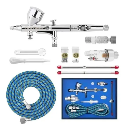 Aerógrafo Profissional Dupla Ação Com Bico 0.2mm/0.3mm/0.5mm + Mangueira E Acessórios