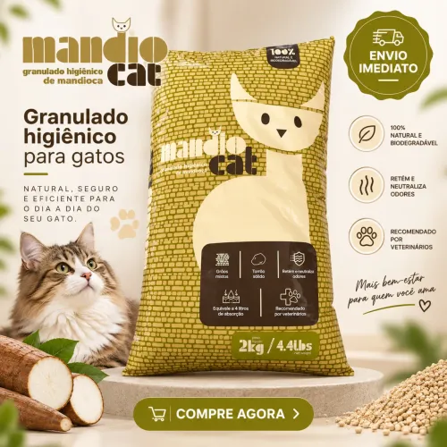Areia para Gato Mandiocat 2kg | Biodegradável, Absorvente e Controle de Odor