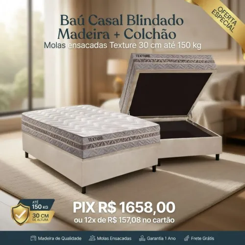 Baú Casal blindado madeira + colchão texture 30 cm molas ensacadas até 150 kg 