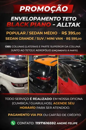 PROMOÇÃO - ENVELOPAMENTO DE TETO VEICULAR - BLACK PIANO A PARTIR DE 395