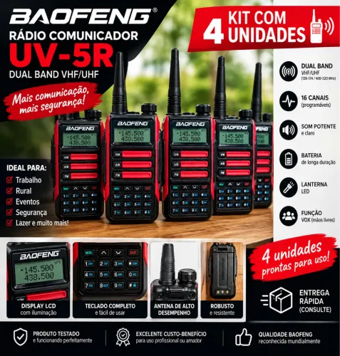 KIT 4 RÁDIOS BAOFENG UV-5R - COM FONE + CARREGADOR ?