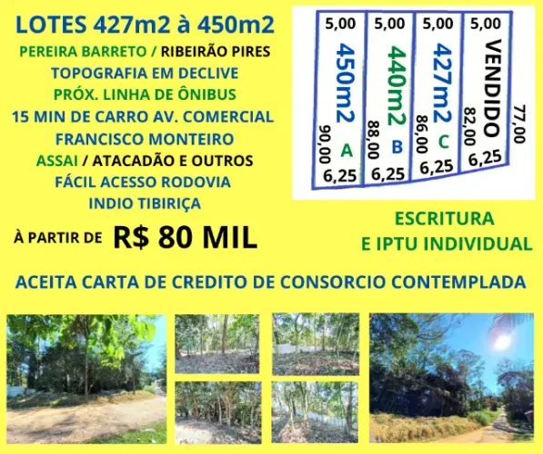 Lotes 400m2 Pereira Barreto Ribeirão Pires Escritura e Iptu Estuda Entrada + Parcelas