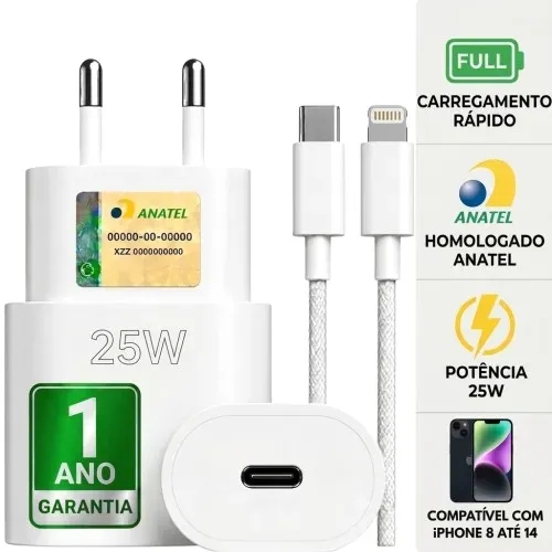 Carregador para iPhone 14 13 12 11 X Pro Max - Turbo 25W com Cabo Lightning 1mt