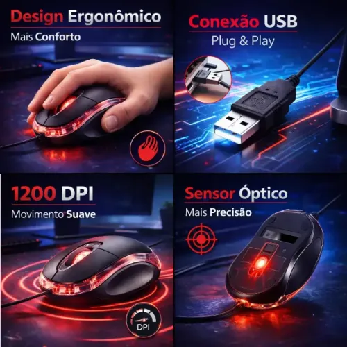 Mouse Com Fio Lehmox Ley-28 Usb Óptico Led 1200 Dpi Plug