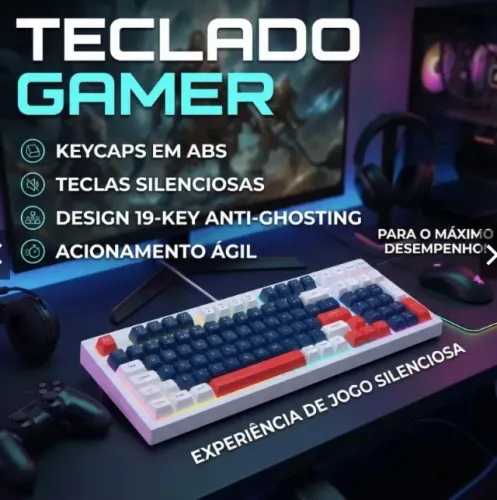 Teclado Gamer Entrada com Fio, ABNT2, 99 Teclas RGB, Compacto