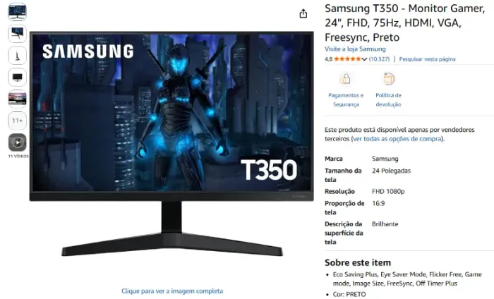 Samsung T350 - Monitor Gamer, 24", FHD, 75Hz, HDMI, VGA, Freesync, Preto