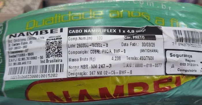 Promoção - Cabo eletrico flexível 4,0mm preto e verde, sil, nambei ou lamesa, rolo 100 met