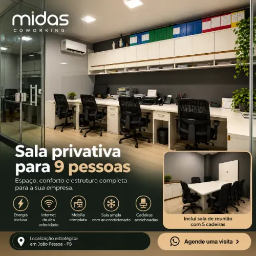 Sala Comercial Privativa para até 9 Pessoas - Mobiliada e Climatizada em Coworking