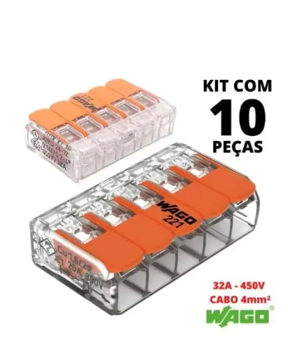 Kit 10 Conectores Para Emenda 221-415 Wago 5 Vias De 4mm