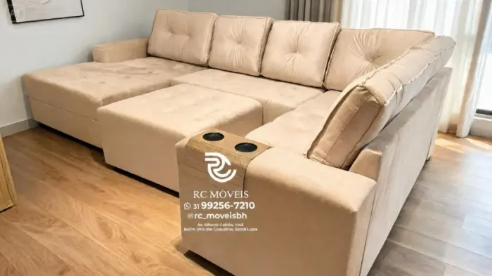 Sofá de Canto 3,10m Chaise e Puff Veludo Marrom D33 Resistente e Confortável