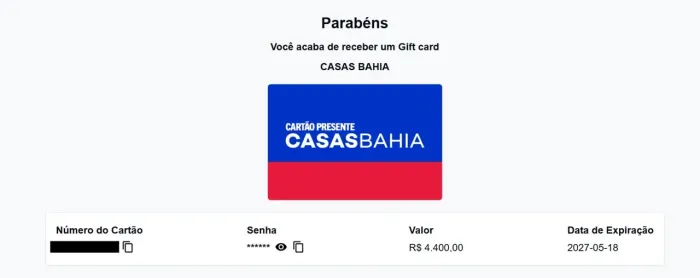 Voucher Casas Bahia R$ 4.400, Original, Não Usado, Entrega Imediata