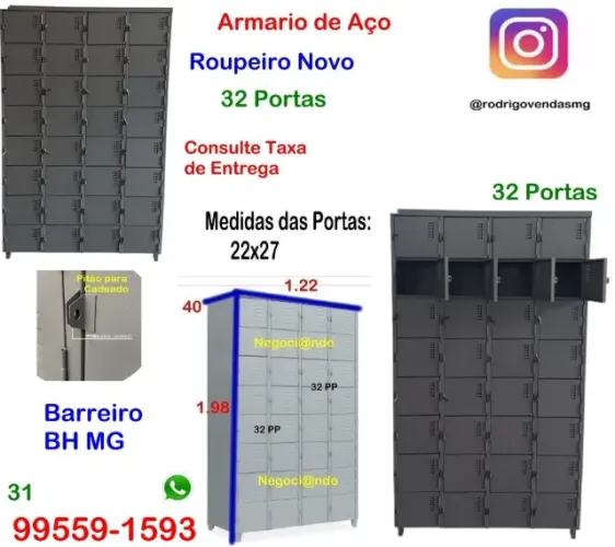 Escaninho Armario de Aço 32 Portas roupeiro Volume Industria Academia Vestiário comercio